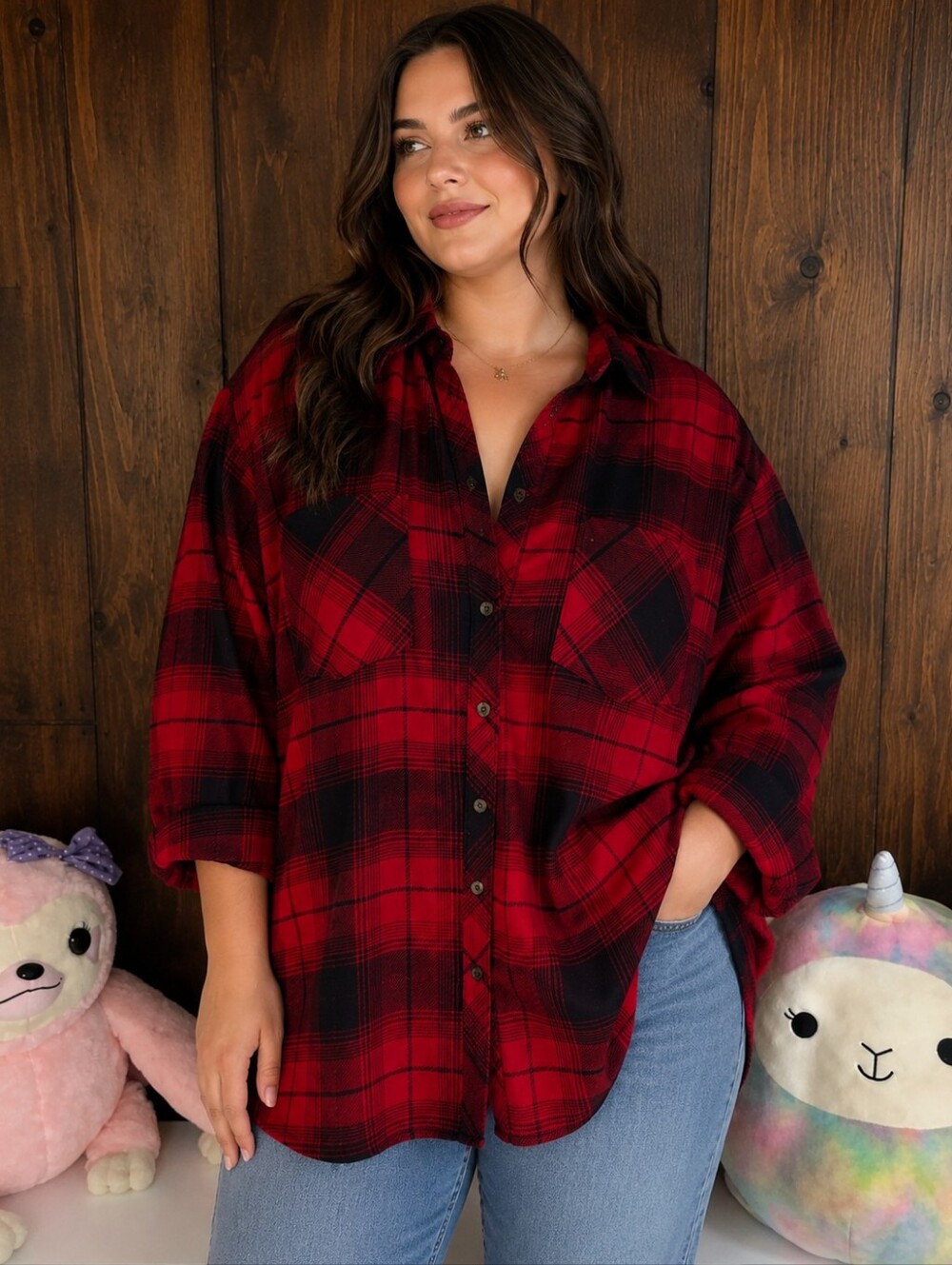 Size L Natural Reflections Red and Black Plaid Shirt